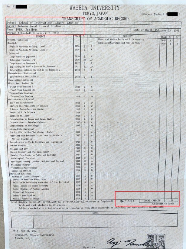방송인 박지현이 공개한 와세다 대학 성적표/SBS 뉴스