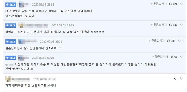 선예의 발언에 네티즌들 반응 / 커뮤니티 댓글 캡처