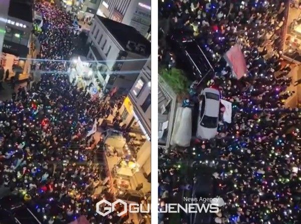 사진=서울 영등포구 국민의힘 당사 앞에는 '윤석열 즉각 탄핵 및 구속 촉구'와 지난 7일 투표 불참으로 탄핵 표결 자체를 무산시킨 국민의힘 국회의원을 향해 규탄을 외치며 사람들이 당사를 에워쌌다./ 최정범 기자