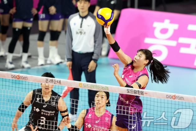 21일 인천시 부평구 삼산월드체육관에서 열린 프로배구 여자부 '도드람 2024-2025 V-리그' 흥국생명과 IBK기업은행의 경기에서 흥국생명 정윤주가 공격을 시도하고 있다. 2025.1.21/뉴스1 ⓒ News1 이승배 기자