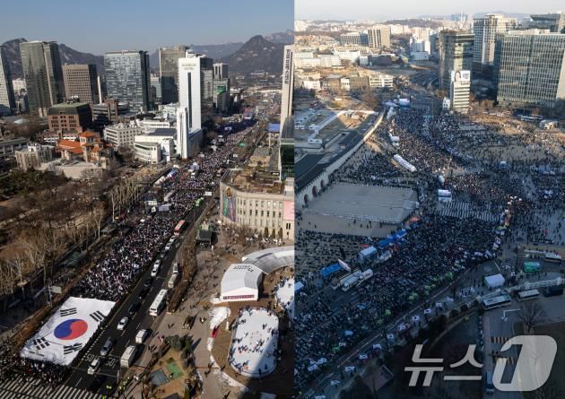 자유통일당·대한민국바로세우기국민운동본부 구성원들이 지난 11일 오후 서울 세종대로 네거리 인근에서 윤석열 대통령 탄핵 반대 집회를 하고 있다.(왼쪽) 광화문 인근에서 열린 윤석열 즉각퇴진 사회대개혁 비상행동 6차 시민대행진에서 참가자들이 윤석열 대통령 퇴진 등을 촉구하고 있다. 2025.1.11/뉴스1 ⓒ News1 이승배 기자