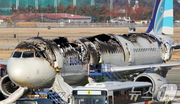 부산 강서구 김해국제공항에서 이륙을 준비하던 홍콩행 에어부산 항공기 BX391편 내부에서 불이 나 승객과 승무원 등이 비상 탈출한 가운데 29일 항공·철도사고 조사위원회(ARAIB) 등 관계자들이 불에 탄 항공기를 살펴보며 조사하고 있다. 2025.1.29/뉴스1 ⓒ News1 윤일지 기자