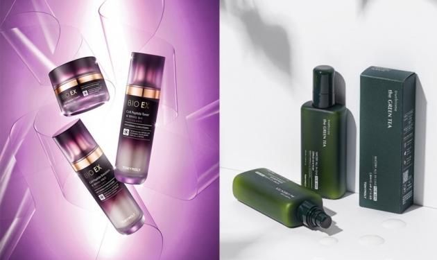 'BIO EX 셀 펩타이드 3종 세트'와 '더 그린티 트루바이옴 수분 올인원 포맨' 제품.(토니모리제공)