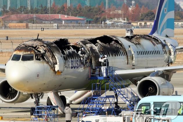 30일 부산 강서구 김해국제공항 내 에어부산 항공기 화재 현장에서 국토부 항공철도사고조사위원회, 국립과학수사연구원, 부산경찰청, 부산소방재난본부 등 관계자들이 합동 감식에 앞서 안정성 확보를 위한 조사를 실시하고 있다. 지난 28일 오후 10시 15분쯤 김해공항 계류장에서 이륙을 준비하던 홍콩행 에어부산 항공기에서 불이 나 승객과 승무원 등 176명이 비상 슬라이드를 통해 전원 탈출했다. 2025.1.30/뉴스1 ⓒ News1 윤일지 기자