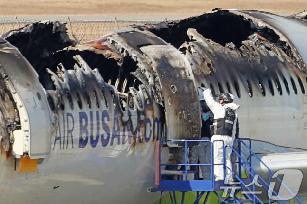 30일 부산 강서구 김해국제공항 내 에어부산 항공기 화재 현장에서 국토부 항공철도사고조사위원회, 국립과학수사연구원, 부산경찰청, 부산소방재난본부 등 관계자들이 합동 감식에 앞서 안정성 확보를 위한 조사를 실시하고 있다. 2025.1.30/뉴스1 ⓒ News1 윤일지 기자