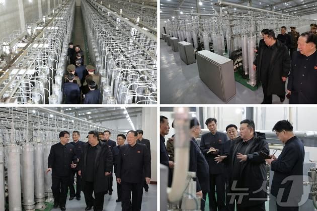 (평양 노동신문=뉴스1) = 북한 김정은 노동당 총비서가 핵물질 생산 기지와 핵무기연구소를 현지지도 하는 모습. [국내에서만 사용가능. 재배포 금지. DB 금지. For Use Only in the Republic of Korea. Redistribution Prohibited] rodongphoto@news1.kr