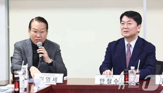 권영세 국민의힘 비상대책위원장이 31일 오후 서울 여의도 국회 의원회관에서 열린 'AI 3대강국 도약 특별위원회 긴급 간담회: 딥시크 여파에 따른 우리의 AI 대응전략'에서 인사말을 하고 있다. 오른쪽은 안철수 특위위원장. 2025.1.31/뉴스1 ⓒ News1 김민지 기자