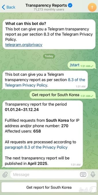 텔레그램 공식 봇채널 투명성 보고서 한국 수사당국 제공 정보 내용 (투명성 보고서 대화 화면 캡처)