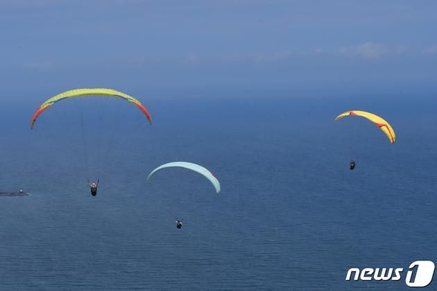 20일 경북 포항시 북구 흥해읍 곤륜산에서 포항시패러글라이딩협회원들이 전국에서 온 회원들과 함께 비행을 하고 있다. 곤륜산은 전국에서 손꼽히는 패러글라이딩 장소로 알려진 곳이다.2023.8.20/뉴스1 ⓒ News1 최창호 기자