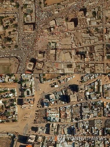 (AFP=연합뉴스 자료사진) 2023년 1월 1일(상단)과 2025년 3월 12일(하단)에 촬영된 수단 북다르푸르주 중심지 알파셰르 시내 '하가르 카두 수크' 시장의 항공사진 비교. Planet Labs 제공 사진을 AFP가 배포함. 크레딧 표시 필수, 마케팅·광고 목적 사용 금지, 보도용으로만 사용 허용. 2025.4.14.