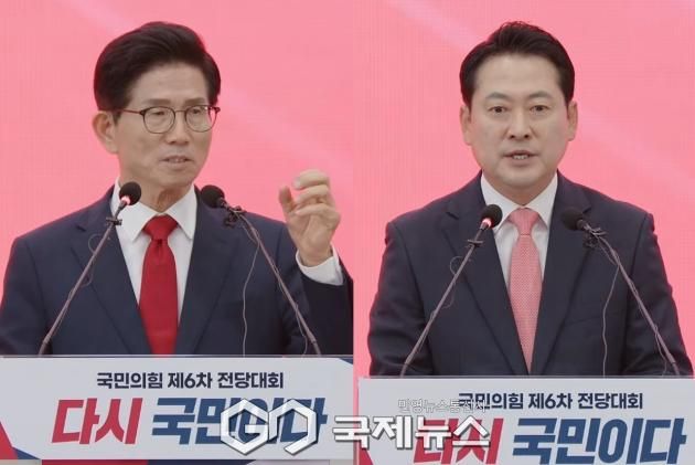 ▲김문수·장동혁 국민의힘 당대표 후보는 22일 오후&nbsp;충북 청주 오스코에서 열린 제6차 전당대회에서 딩데표 선거 결선 진출을 확정한 후 기자회견을 하고 있다./사진=이용우 기자