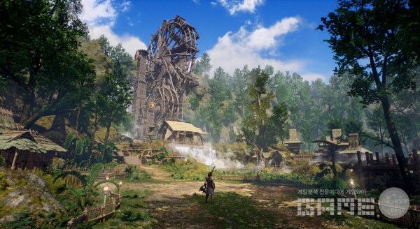 아고는 자연 속 공간으로 개발된 거대한 물레방아, 폭포 등 울창한 숲의 느낌을 강조했다. 아스달 연대기 /넷마블