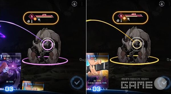 몬스터의 약점 속성은 행동 예고 옆에 표시되며, 같은 속성 카드로 공격 시 더 높은 피해를 입힐 수 있다.