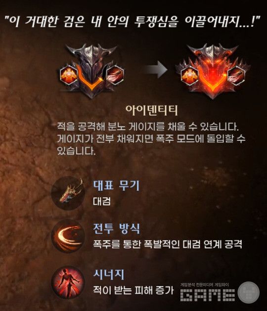 버서커는 대검을 주무기로 사용하며, 적을 공격해 분노 게이지를 채운 뒤 폭주 모드에 돌입하는 것이 핵심이다.&nbsp;