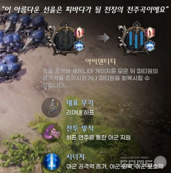 바드는 리아네 하프를 사용하는 서포터 클래스로, 적을 공격해 채니 게이지를 모으면 파티원의 공격력을 증가시키거나 직접 회복시킬 수 있다. 