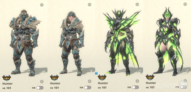 왼쪽부터 고샤하기 장비 타입 1, 타입 2, 라이젝스 장비 타입 1, 타입 2 / 캡콤 제공