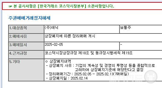 에닉이 오는 2월 14일 &nbsp;상장 폐지된다.&nbsp;