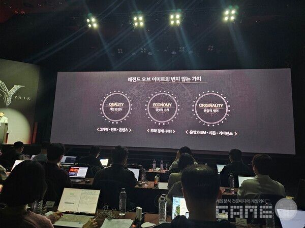 게임 완성도는 그래픽, 전투, 콘텐츠이고,&nbsp;경제적 가치는 주화 경제, NFI이며, 본질적 재미는 운영과 BM, 시즌, 거버넌스다.&nbsp; 레전드 오브 이미르 /게임와이 촬영