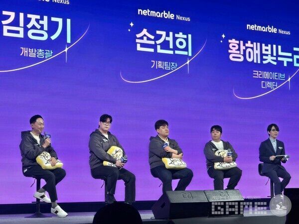 (왼쪽부터) 넷마블&nbsp;조성영 사업본부장,&nbsp;김정기 개발총괄,&nbsp;손건희 기획팀장,&nbsp;황해빛누리 크리에이티브 디렉터 / 게임와이 촬영