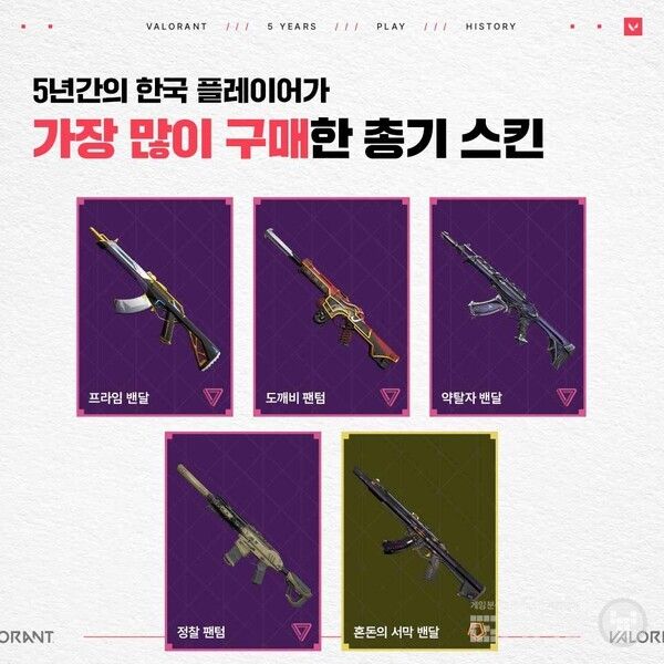 발로란트 국내 서버 5년 간 가장 많이 구매한 총기 스킨