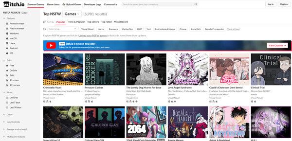 MAU 4천만 명인 itch.io에서 nsfw로 검색한 화면.