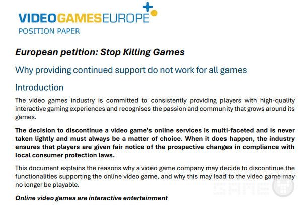 유럽 게임업계 로비 단체인 비디오 게임즈 유럽(Video Games Europe)은 스톱 킬링 게임즈 운동에 대해 공식적으로 반대 입장을 표명했다. 