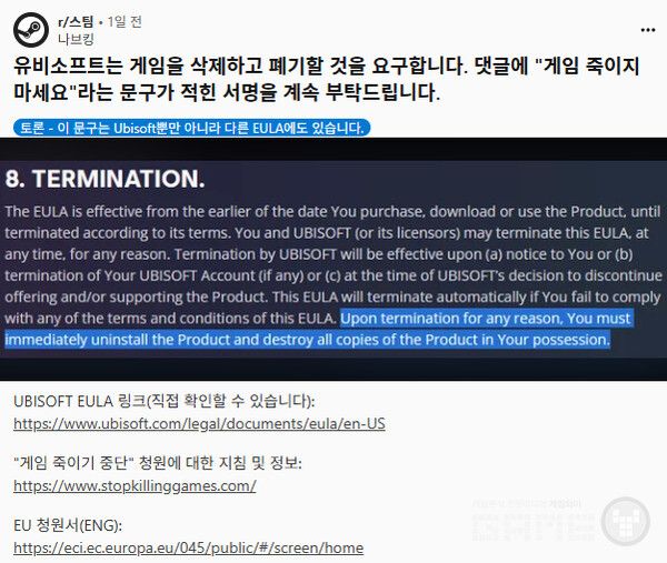 이 조항은 온라인 커뮤니티에서 격렬한 반발을 불러일으켰다. 스톱 킬링 게임즈 운동 지지자들은 이를 게임 소유권에 대한 정면 도전으로 받아들이고 있다. 