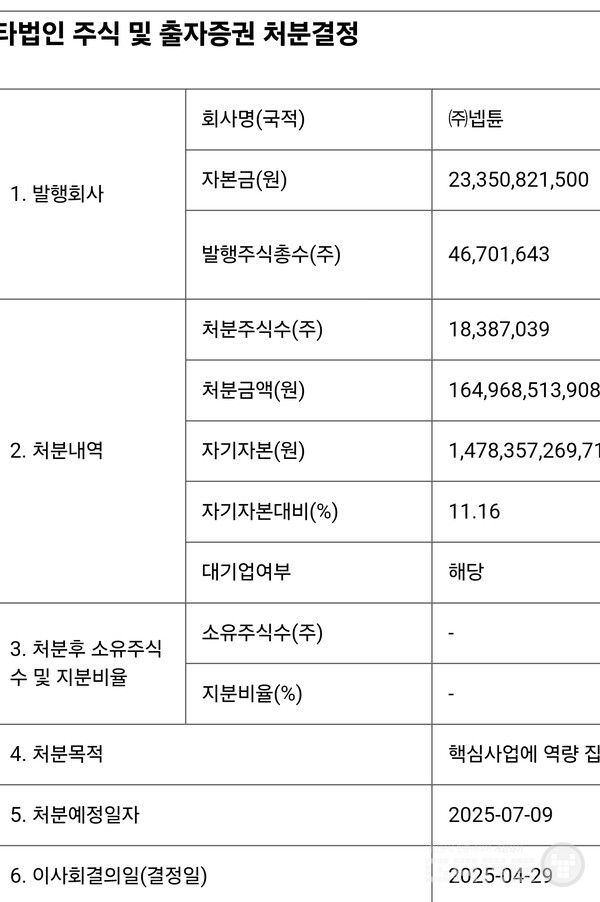 넵튠 주식 전량 매각