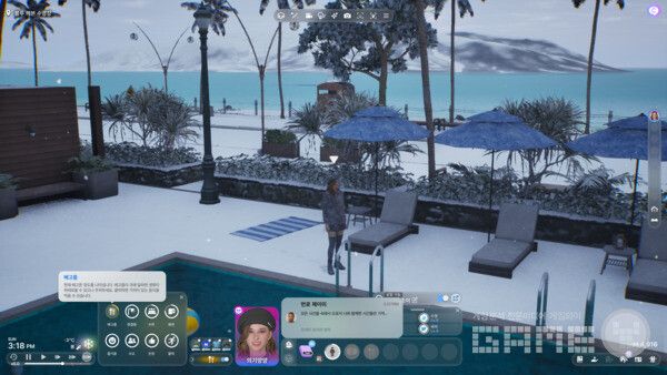 눈 넢인 배경과 해수욕장 배경의 인조이. /게임와이 촬영