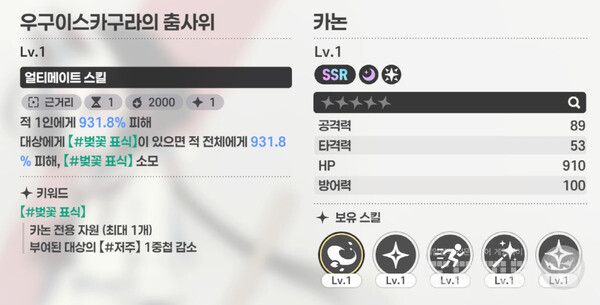  '우구이스카구라의 춤사위'가 적 1인에게 931.8% 피해를 주고, 대상에게 벚꽃 표식이 있으면 적 전체에게 931.8%를 한 번 더 넣는다. 