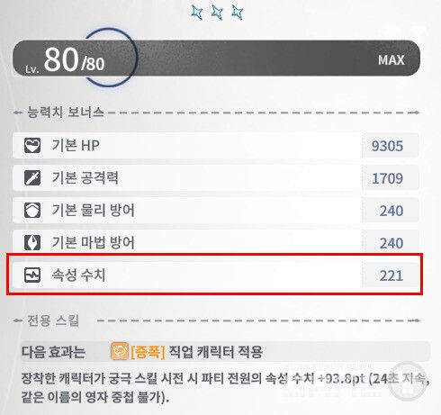 사고 불가 영자의 Lv.1 속성 수치는 22, Lv.80 만렙은 221로 정확히 10배 성장한다. 