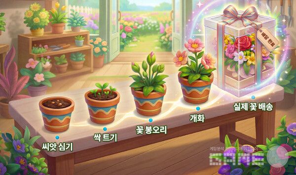 이 게임의 핵심 차별점은 게임 속 수확이 실물 꽃다발 수령으로 이어진다는 '리얼 배송' 시스템이다.&nbsp; 모바일 SNG '더 코지 플로리스트(The Cozy Florist)'