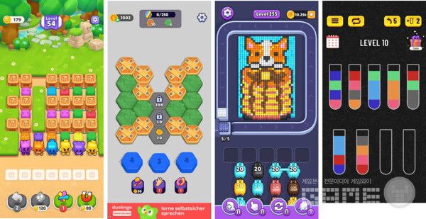 Block Jam 3D(왼쪽), Hexa Sort(왼쪽 중간), Pixel Flow(오른쪽 중간)는 정렬 게임 하위 장르의 진화를 보여준다.&nbsp;/앱매직(AppMagic)