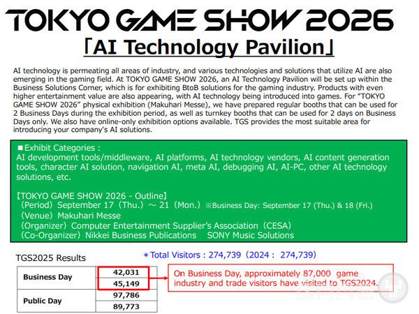 쿄게임쇼 2026(TOKYO GAME SHOW 2026)의 'AI 테크놀로지 파빌리온(AI Technology Pavilion)' 출전 안내서를 공개했다