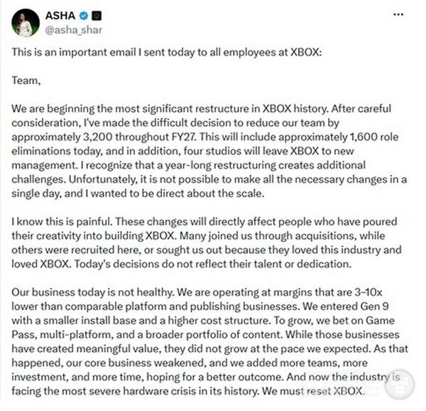 엑스박스의 대규모 해고를 발표한 아샤 샤르마 SNS / X