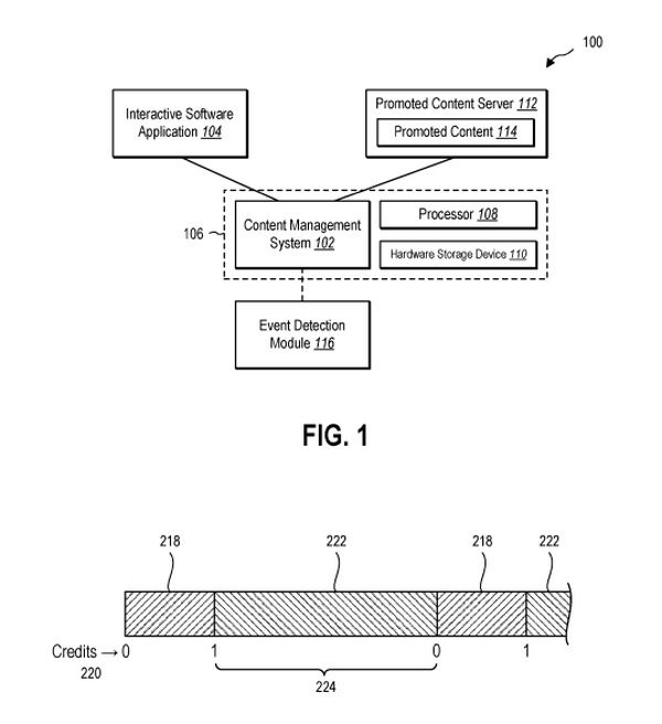 Drawings from Microsoft's in-game advertising patent (FIG. 1 and 2)