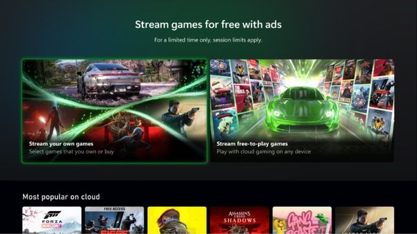 Screen from the ad-supported cloud streaming test Xbox revealed on July 23