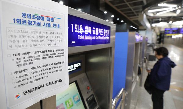 ▲ 인천지하철 1·2호선 기본 요금 인상을 하루 앞둔 6일 오전 인천시청역에서 한 승객이 교통카드를 충전하고 있다. 인천지하철 1·2호선 기본 요금은 오는 7일부터 1250원에서 1400원으로 150원 인상된다. 사진=뉴시스