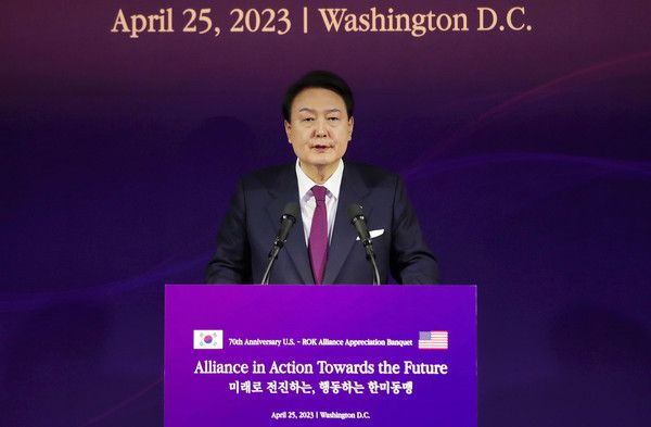 ▲ 윤석열 대통령이 25일(현지시간) 워싱턴DC 한 호텔에서 열린 한미동맹 70주년 기념 오찬에서 오찬사하고 있다. 사진=뉴시스