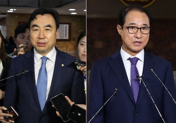 ▲ 윤관석(왼쪽), 이성만 무소속 의원이 12일 오후 서울 여의도 국회 본회의장을 나서며 취재진의 질문에 답하고 있다. 이날 본회의에서 진행된 윤 의원과 이 의원에 대한 체포동의안은 부결됐다. 2023.06.12. 사진=뉴시스