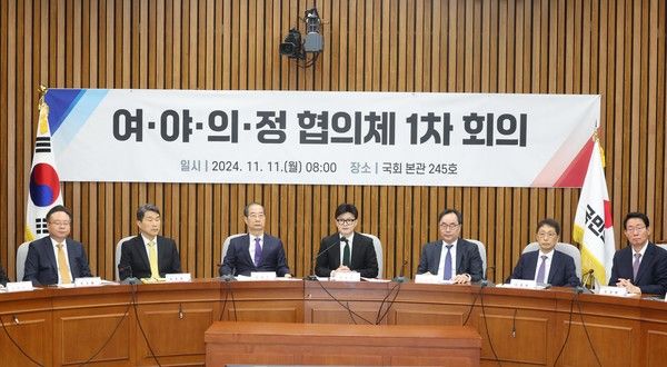 ▲ 한동훈 국민의힘 대표가 11일 오전 서울 여의도 국회에서 열린 여·야·의·정 협의체 1차 회의에서 발언을 하고 있다. 사진=뉴시스