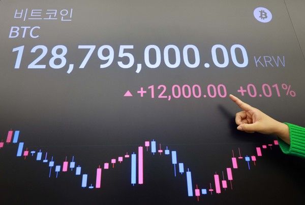 ▲ 지난 27일 서울 강남구 업비트 고객센터 전광판에 비트코인 가격 정보가 표시되고 있다. 사진=뉴시스