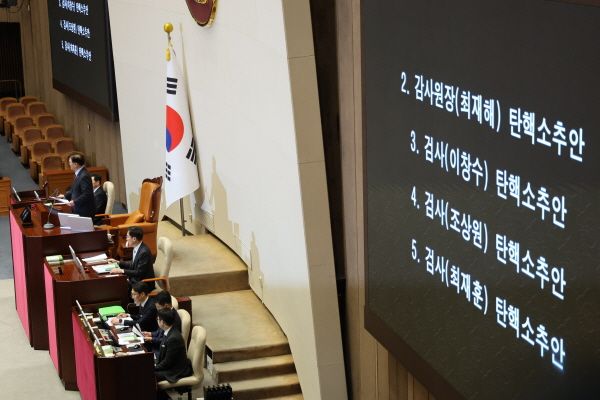 ▲ 5일 국회 본회의에서 최재해 감사원장, 이창수 서울중앙지검장 등 검사 3명에 대한 탄핵소추안이 의결됐다. 사진=뉴시스
