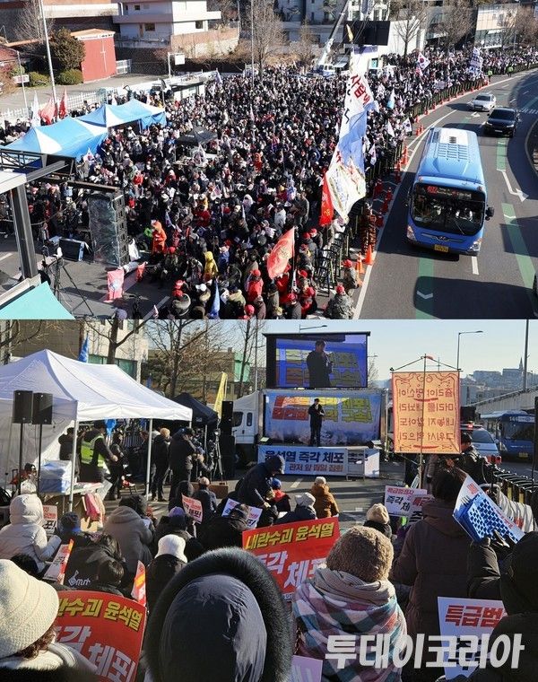▲ 10일 오후 서울 용산구 한남동 관저 인근에서 윤석열 대통령 탄핵을 반대하는 시민들(위)과 탄핵을 찬성하는 시민들(아래)이 집회를 열고 구호를 외치고 있다. 사진=투데이코리아
