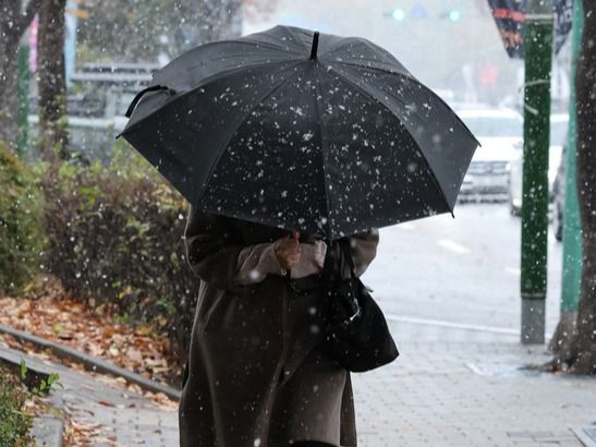 ▲ 17일 오전 인천 남동구 터미널사거리 인근에서 한 시민이 우산으로 내리는 눈을 피하며 걸어가고 있다. 2023.11.17. 사진=뉴시스