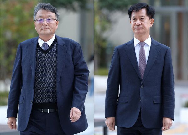 ▲ 김건희 여사 의혹을 수사하는 민중기 특별검사팀에 새로 임명된 김경호(왼쪽), 박노수 신임 특검보가 27일 오전 서울 종로구 KT광화문빌딩 웨스트에 마련된 특검 사무실에 출근하고 있다. 사진=뉴시스