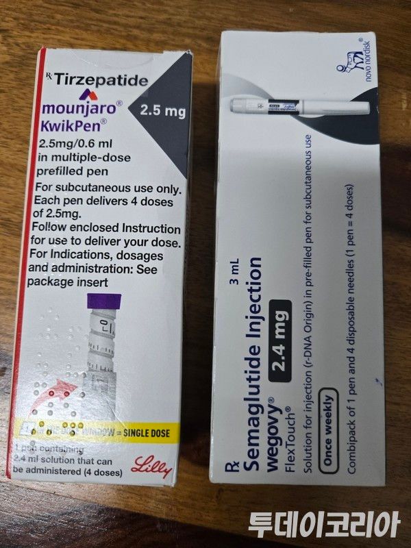 ▲ 국내에서 사용되고 있는 비만 치료 주사제 ‘마운자로(왼쪽, 성분명 티르제파타이드)’와 ‘위고비(오른쪽, 성분명 세마글루타이드)’. 두 약물은 혈당 조절과 체중 감량 효과로 주목받았지만, 부작용과 오남용 우려가 제기되고 있다. 사진=투데이코리아