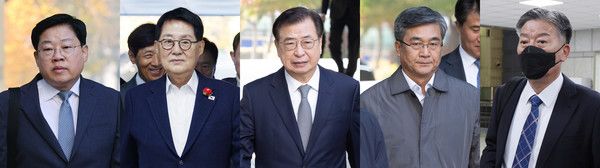 ▲ ‘서해 공무원 피격 사건’ 은폐 시도 및 ‘월북몰이’ 혐의로 재판에 넘겨진 노은채(왼쪽부터) 전 국정원 비서실장, 박지원 전 국정원장, 서훈 전 국가안보실장, 서욱 전 국방부 장관, 김홍일 전 해양경찰청장이 5일 서울 서초구 서울중앙지방법원에서 열린 1심 결심공판에 출석하고 있다. 사진=뉴시스