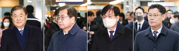 ▲ 19일 서울 서초구 서울중앙지법에서 ‘탈북 어민 강제북송’ 사건 1심 선고 공판이 열렸다. 왼쪽부터 정의용 전 국가안보실장, 서훈 전 국가정보원장, 노영민 전 대통령 비서실장, 김연철 전 통일부 장관이 선고공판에 출석하고 있다. 사진=뉴시스