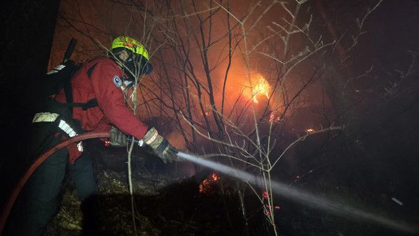 ▲ 산림청 항공본부 공중진화대원들이 경남 산청군 시천면에서 발생한 산불 확산을 차단하기 위해 밤샘 작업을 하고 있다. 사진=산림청